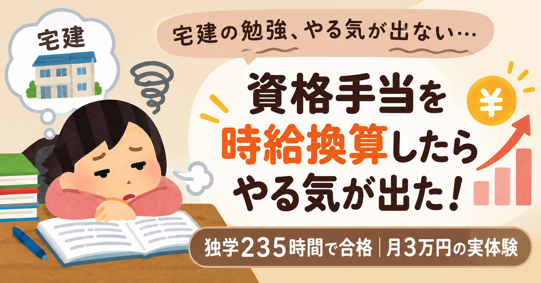 宅建の勉強にやる気が出ない女性と、資格手当を時給換算してモチベーションを上げる方法を紹介したイラスト